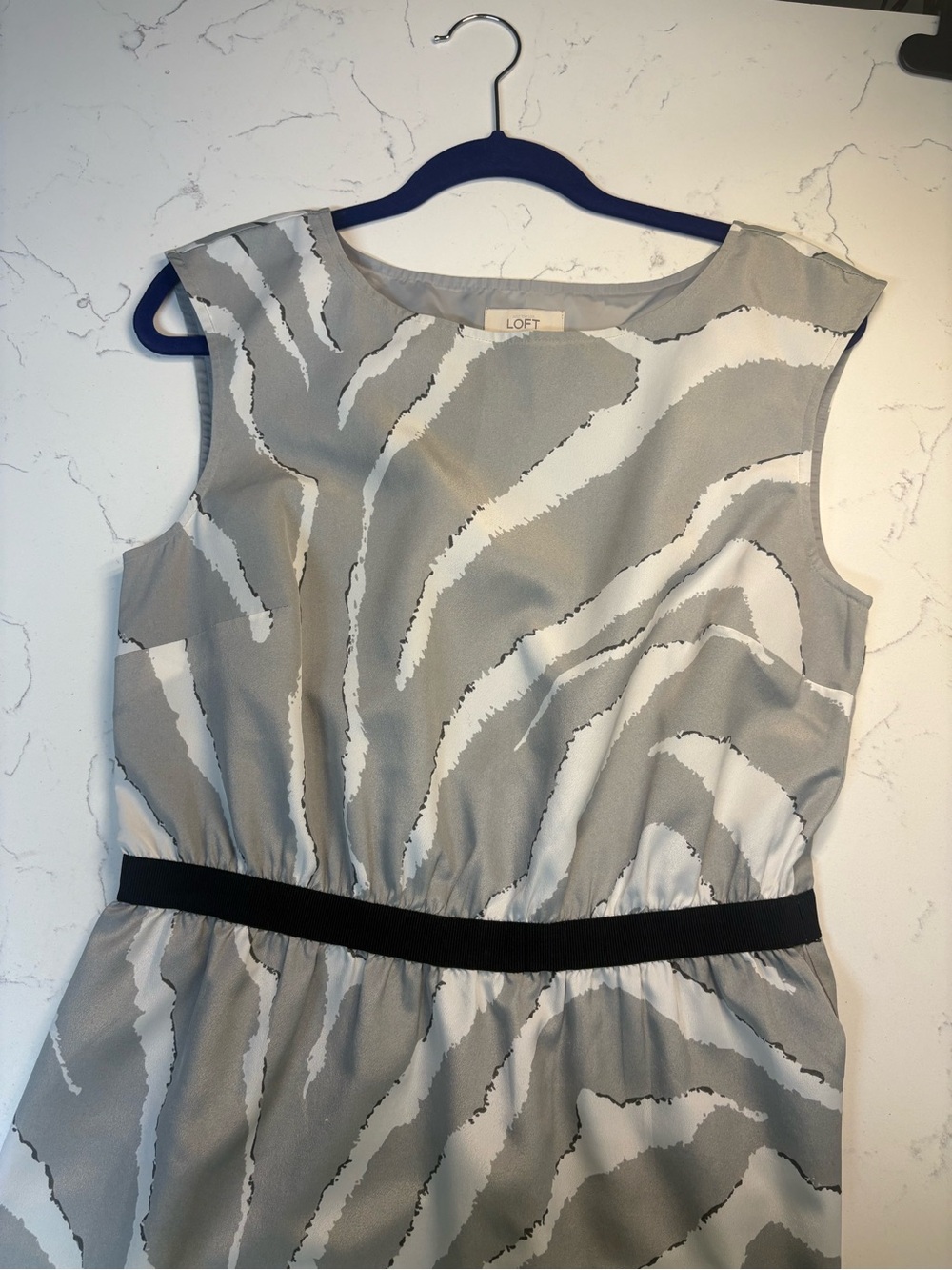 LOFT Gray and White Zebra-Print Midi Dress with Black Waistband - Picture 2 of 3
